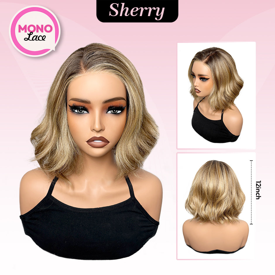 [Sherry] VSIGN Monofilament Handmade Wig Warm Caramel Bronde Short Wave  9×6 Full Mono Lace Hand Tied Bendy Ear Tabs Velcro Adjustment Air Cap Glueless Wig Synthetic Heat Resistant Fiber
