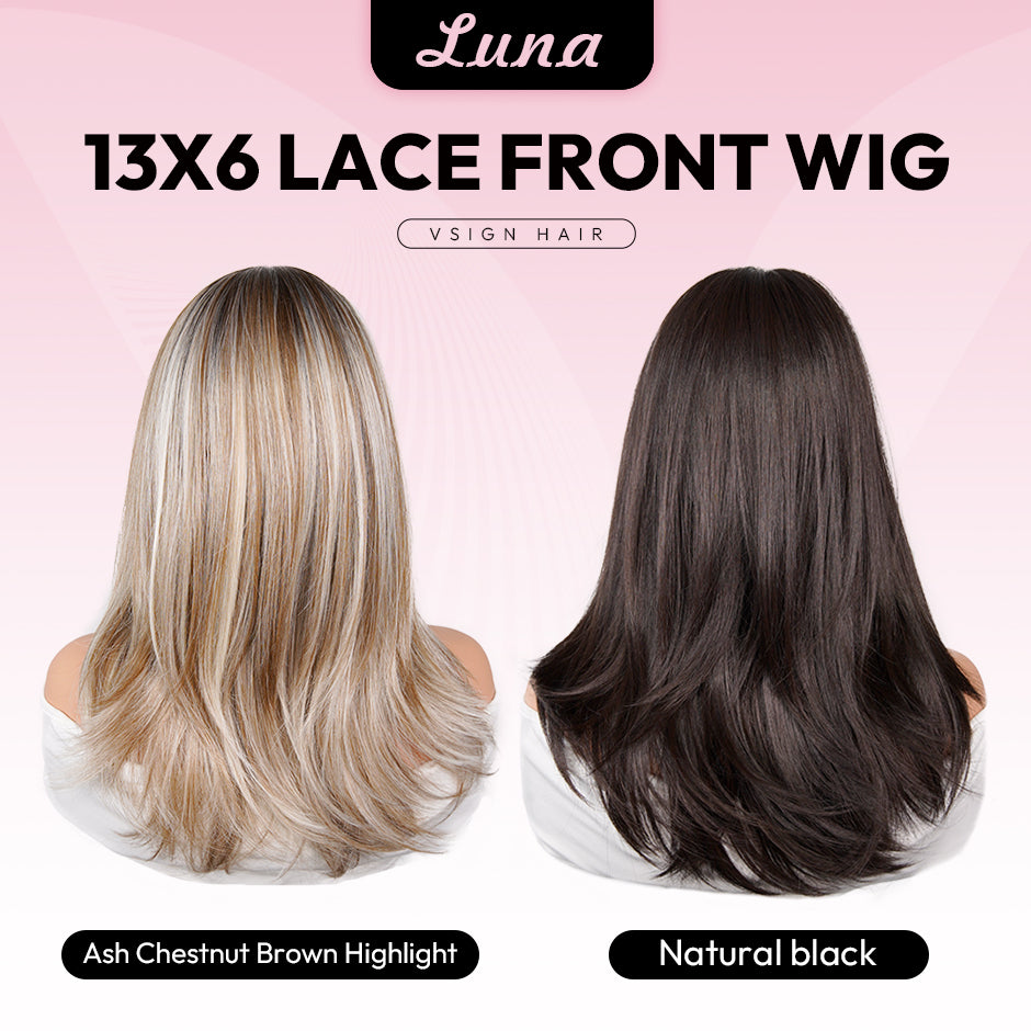 [Luna] VSIGN Ash Chestnut and Black Color Middle Length Wolf-tail Hairstyle 13*6 HD Front Wig Synthetic Heat Resistant Fiber