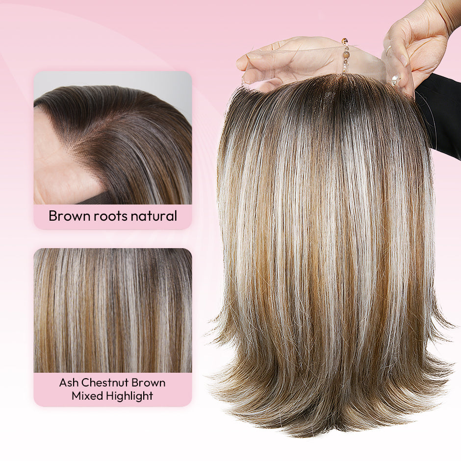 [Luna] VSIGN Ash Chestnut and Black Color Middle Length Wolf-tail Hairstyle 13*6 HD Front Wig Synthetic Heat Resistant Fiber
