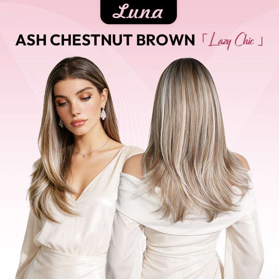 [Luna] VSIGN Ash Chestnut and Black Color Middle Length Wolf-tail Hairstyle 13*6 HD Front Wig Synthetic Heat Resistant Fiber