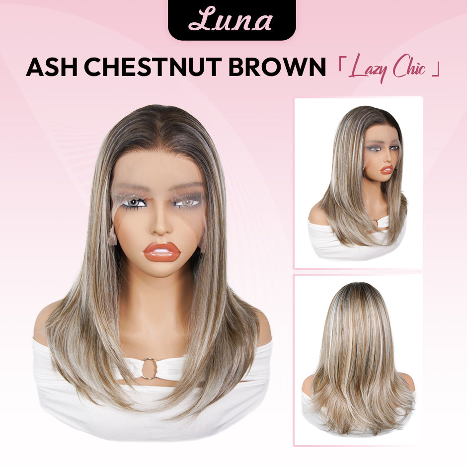 [Luna] VSIGN Ash Chestnut and Black Color Middle Length Wolf-tail Hairstyle 13*6 HD Front Wig Synthetic Heat Resistant Fiber