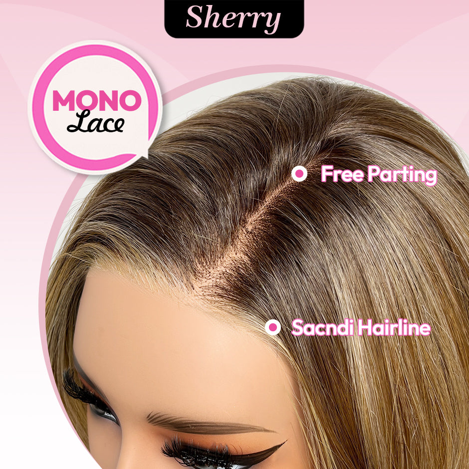 [Sherry] VSIGN Monofilament Handmade Wig Warm Caramel Bronde Short Wave  9×6 Full Mono Lace Hand Tied Bendy Ear Tabs Velcro Adjustment Air Cap Glueless Wig Synthetic Heat Resistant Fiber