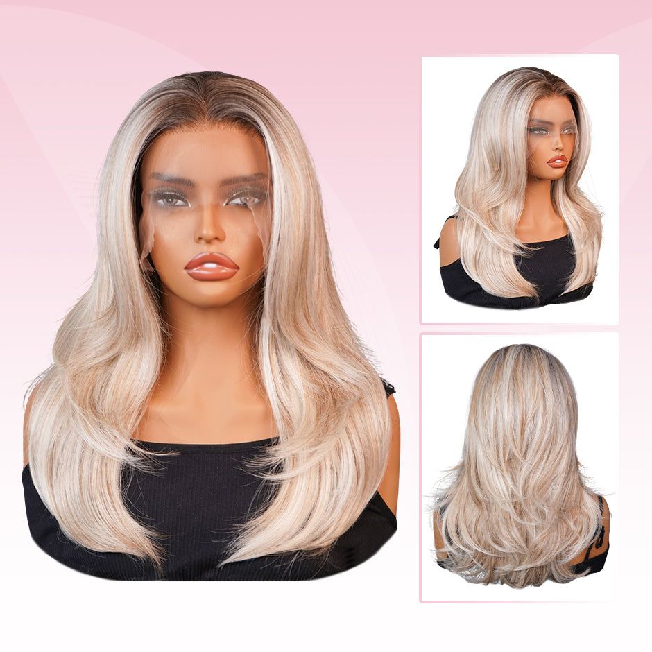 VSIGN Perruque frontale en dentelle HD 13*6 Ombre Blonde Ondulée, fibre synthétique résistante à la chaleur