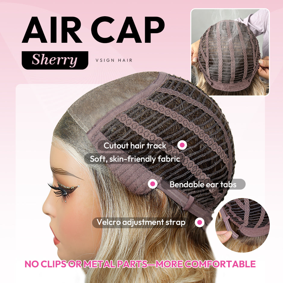 [Sherry] VSIGN Monofilament Handmade Wig Warm Caramel Bronde Short Wave  9×6 Full Mono Lace Hand Tied Bendy Ear Tabs Velcro Adjustment Air Cap Glueless Wig Synthetic Heat Resistant Fiber