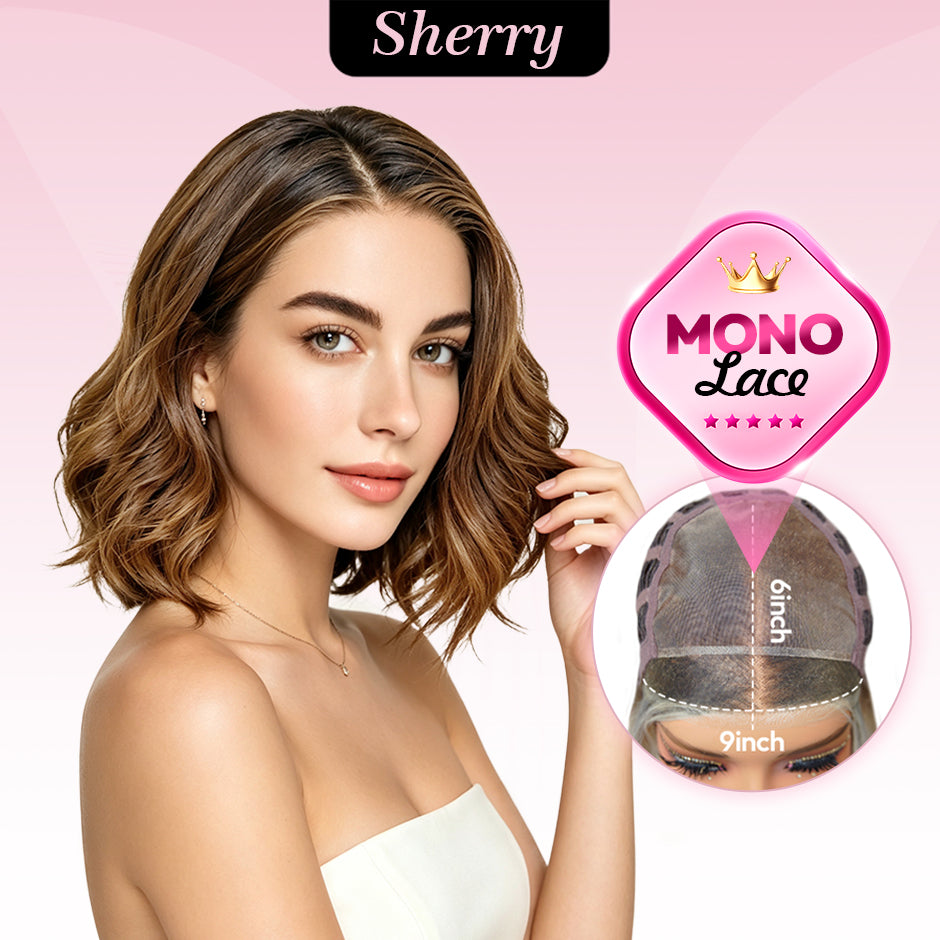 [Sherry] VSIGN Monofilament Handmade Wig Chestnut Brown Short Wave  9×6 Full Mono Lace Hand Tied Bendy Ear Tabs Velcro Adjustment Air Cap Glueless Wig Synthetic Heat Resistant Fiber（副本）