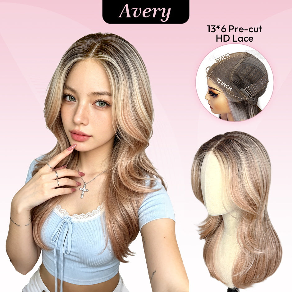 [Avery] VSIGN Apricot 13x6 HD Pre-cut Lace Peach Rose Balayage Ombre Pink Dark Root Glueless Wavy Lace Front Wig Futura Heat Resistant Synthetic