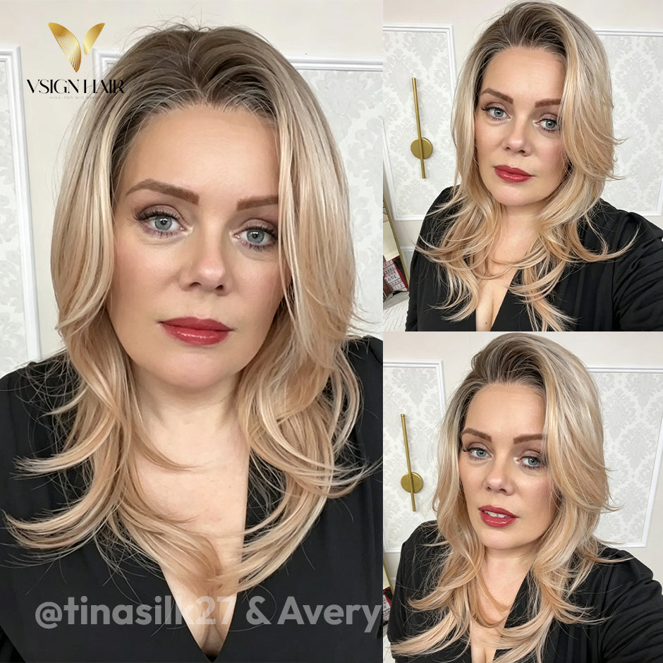 [Avery] VSIGN Apricot 13x6 HD Pre-cut Lace Peach Rose Balayage Ombre Pink Dark Root Glueless Wavy Lace Front Wig Futura Heat Resistant Synthetic