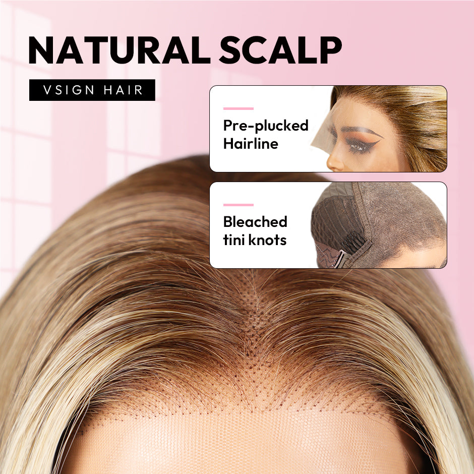 VSIGN Brown Highlight Wavy With Money Piece 13*6 HD Lace Front Wig Synthetic Heat Resistant Fiber