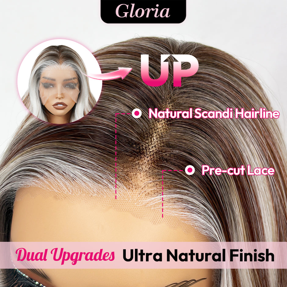 [Gloria] VSIGN 13*6 HD Lace Rose Gold & Silver Highlights 18inch Middle Length Wave Lace Front Wig Synthetic Heat Resistant Fiber