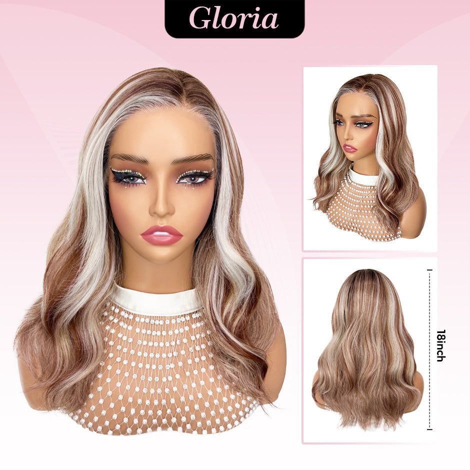 [Gloria] VSIGN 13*6 HD Lace Rose Gold & Silver Highlights 18inch Middle Length Wave Lace Front Wig Synthetic Heat Resistant Fiber