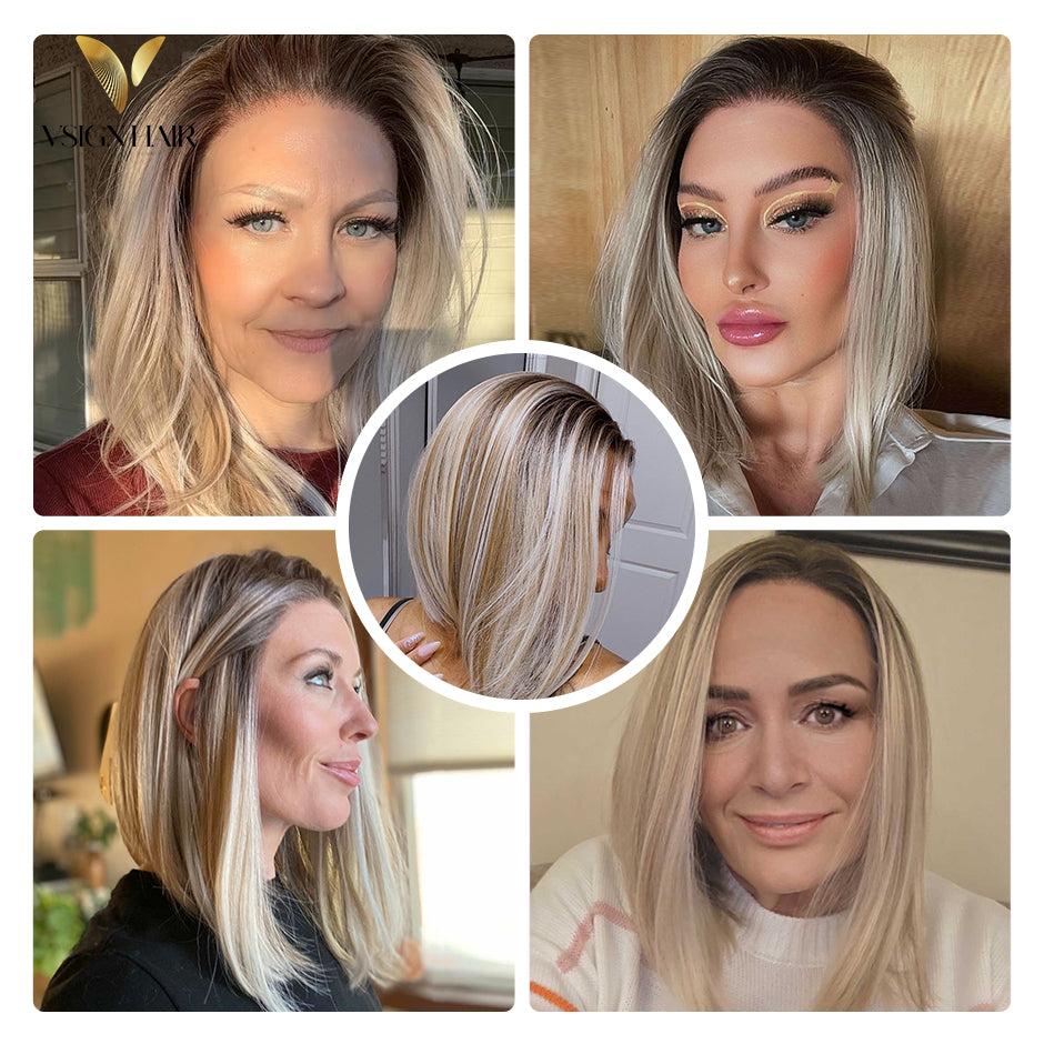 VSIGN Ombre Blonde 13x6 HD lace Front Wig Bob Style Synthetic Heat Resistant Fiber