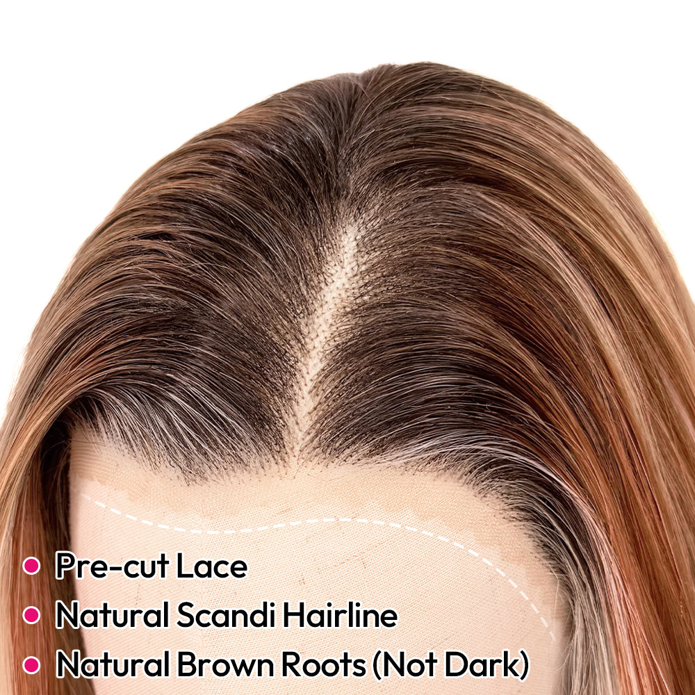[Hailey] VSIGN 13x6 HD Pre-cut Lace Copper Apricot Highlight Root Ombre Apricot Pink Dark Root Long Wavy Premium Futura Heat Resistant Fiber Front Lace Glueless Wig