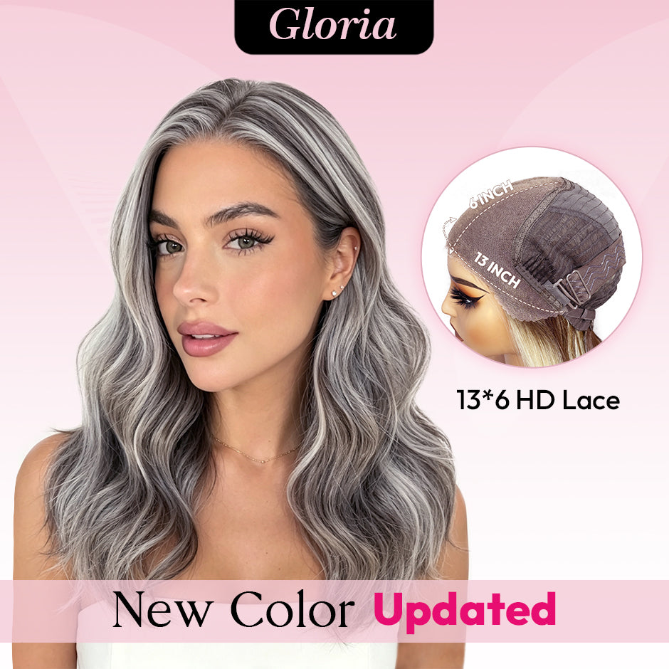 [Gloria] VSIGN 13*6 HD Lace Rose Gold & Silver Highlights 18inch Middle Length Wave Lace Front Wig Synthetic Heat Resistant Fiber