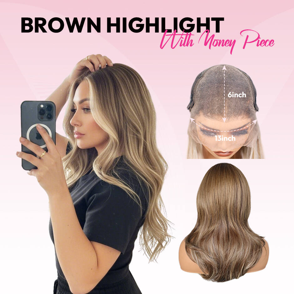 VSIGN Brown Highlight Wavy With Money Piece 13*6 HD Lace Front Wig Synthetic Heat Resistant Fiber