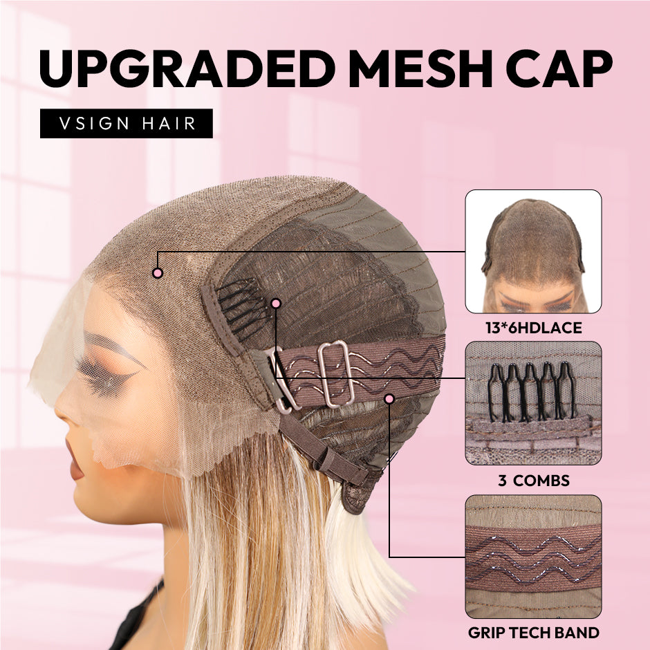 VSIGN Brown Highlight Wavy With Money Piece 13*6 HD Lace Front Wig Synthetic Heat Resistant Fiber
