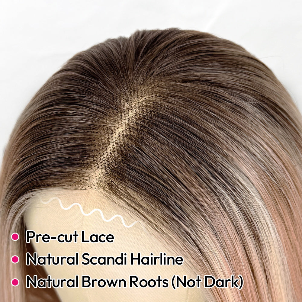 [Avery] VSIGN Apricot 13x6 HD Pre-cut Lace Peach Rose Balayage Ombre Pink Dark Root Glueless Wavy Lace Front Wig Futura Heat Resistant Synthetic