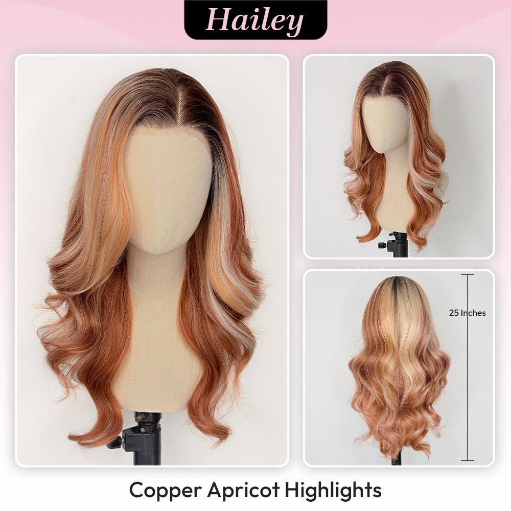[Hailey] VSIGN 13x6 HD Pre-cut Lace Copper Apricot Highlight Root Ombre Apricot Pink Dark Root Long Wavy Premium Futura Heat Resistant Fiber Front Lace Glueless Wig