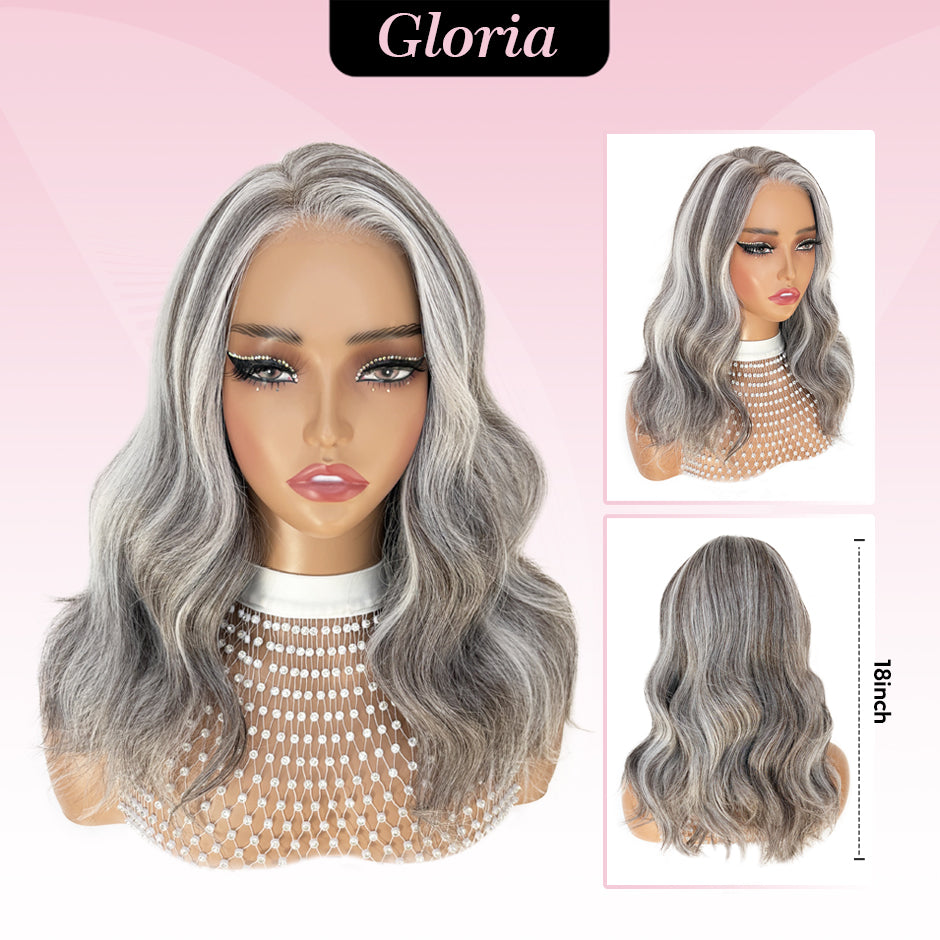 [Gloria] VSIGN 13*6 HD Lace Rose Gold & Silver Highlights 18inch Middle Length Wave Lace Front Wig Synthetic Heat Resistant Fiber
