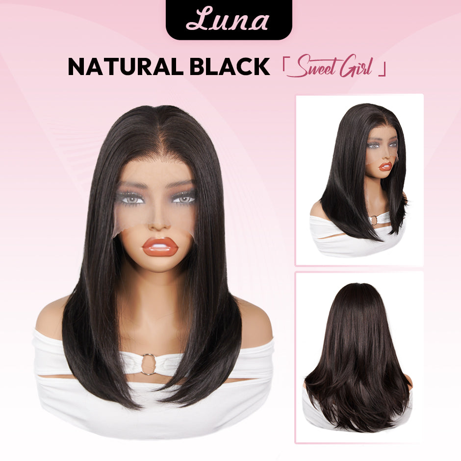 [Luna] VSIGN Ash Chestnut and Black Color Middle Length Wolf-tail Hairstyle 13*6 HD Front Wig Synthetic Heat Resistant Fiber