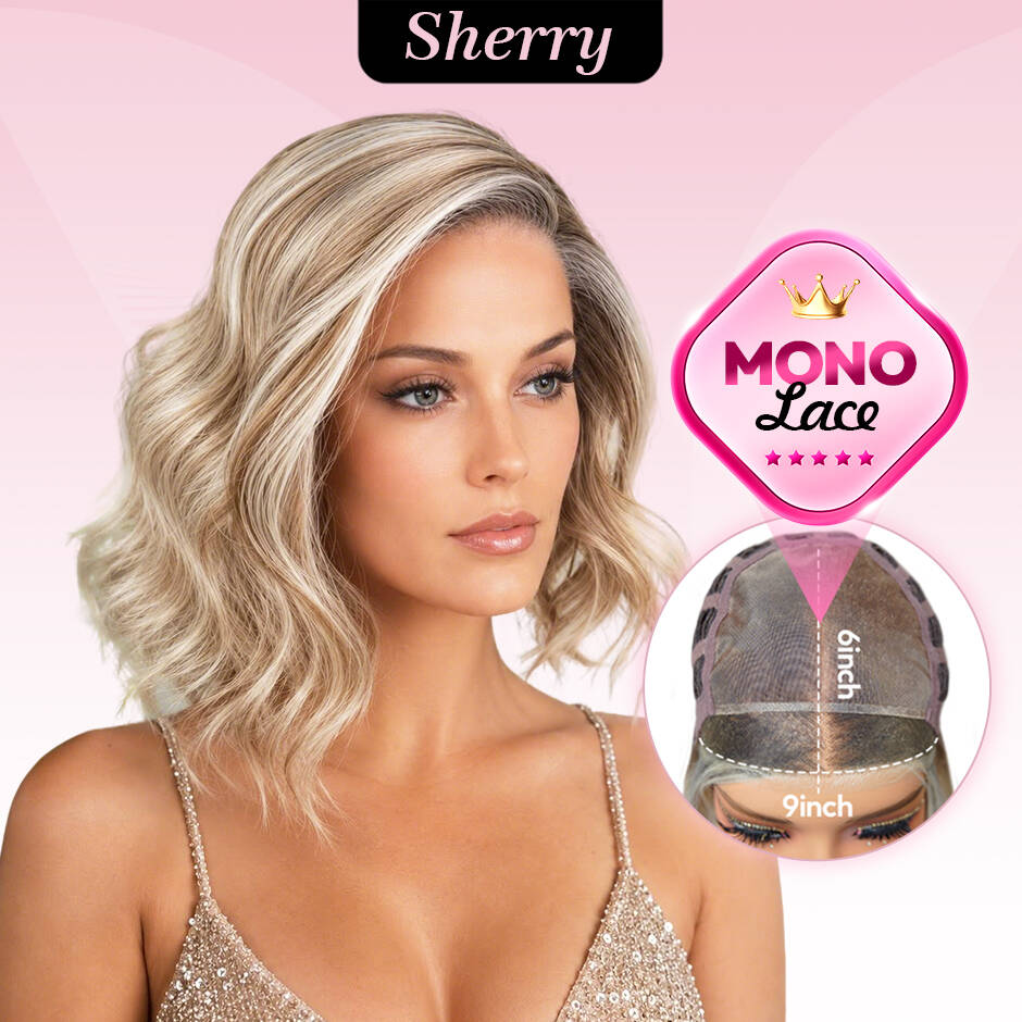 [Sherry] VSIGN Monofilament Handmade Wig Short Wave Ash Blonde Highlight 9×6 Mono Glueless Lace Front Wig  Synthetic Heat Resistant Fiber