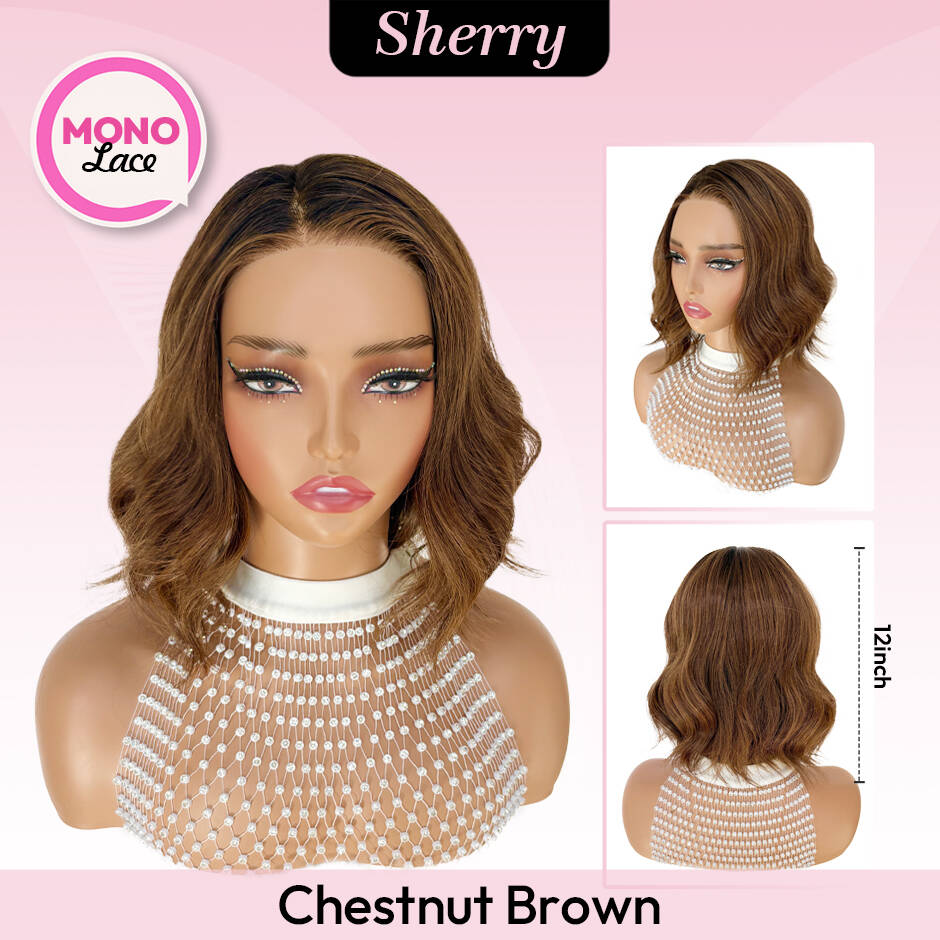 [Sherry] VSIGN Monofilament Handmade Wig Chestnut Brown Short Wave  9×6 Full Mono Lace Hand Tied Bendy Ear Tabs Velcro Adjustment Air Cap Glueless Wig Synthetic Heat Resistant Fiber（副本）