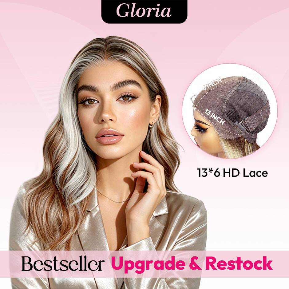 [Gloria] VSIGN 13*6 HD Lace Rose Gold & Silver Highlights 18inch Middle Length Wave Lace Front Wig Synthetic Heat Resistant Fiber