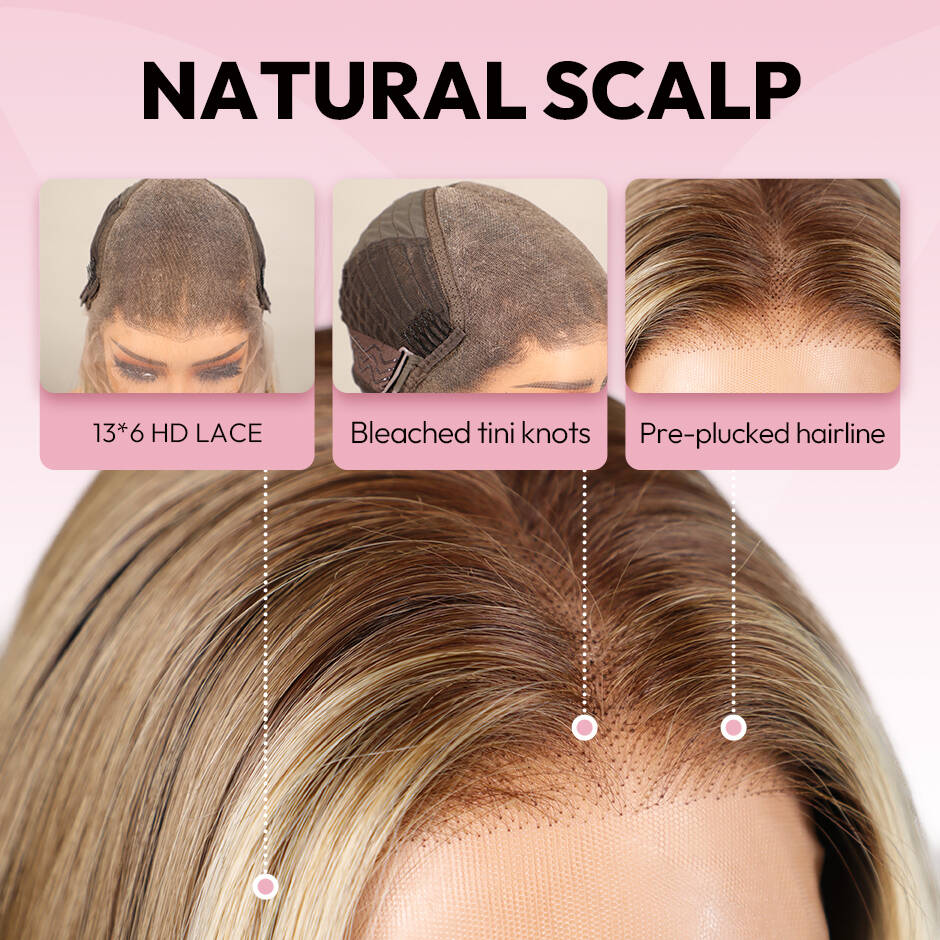 VSIGN Brown Highlight Wavy With Money Piece 13*6 HD Lace Front Wig Synthetic Heat Resistant Fiber