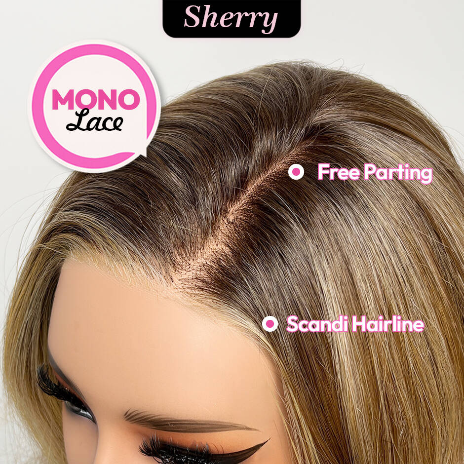 [Sherry] VSIGN Monofilament Handmade Wig Warm Caramel Bronde Short Wave  9×6 Full Mono Lace Hand Tied Bendy Ear Tabs Velcro Adjustment Air Cap Glueless Wig Synthetic Heat Resistant Fiber