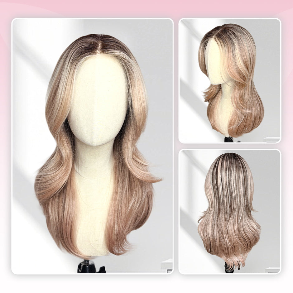 [Avery] VSIGN Apricot 13x6 HD Pre-cut Lace Peach Rose Balayage Ombre Pink Dark Root Glueless Wavy Lace Front Wig Futura Heat Resistant Synthetic