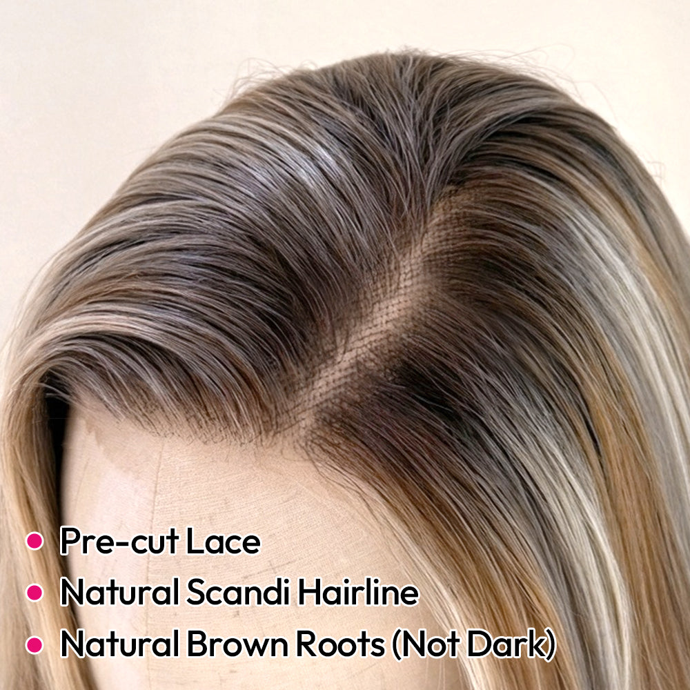 [Emily]VSIGN 13x6 HD Pre-cut Lace Front Wig - Long Wavy Glueless Synthetic Fiber Ash Blonde Balayage with Dark Roots