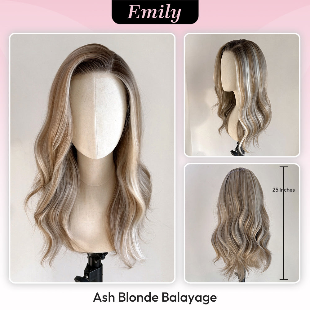 [Emily]VSIGN 13x6 HD Pre-cut Lace Front Wig - Long Wavy Glueless Synthetic Fiber Ash Blonde Balayage with Dark Roots