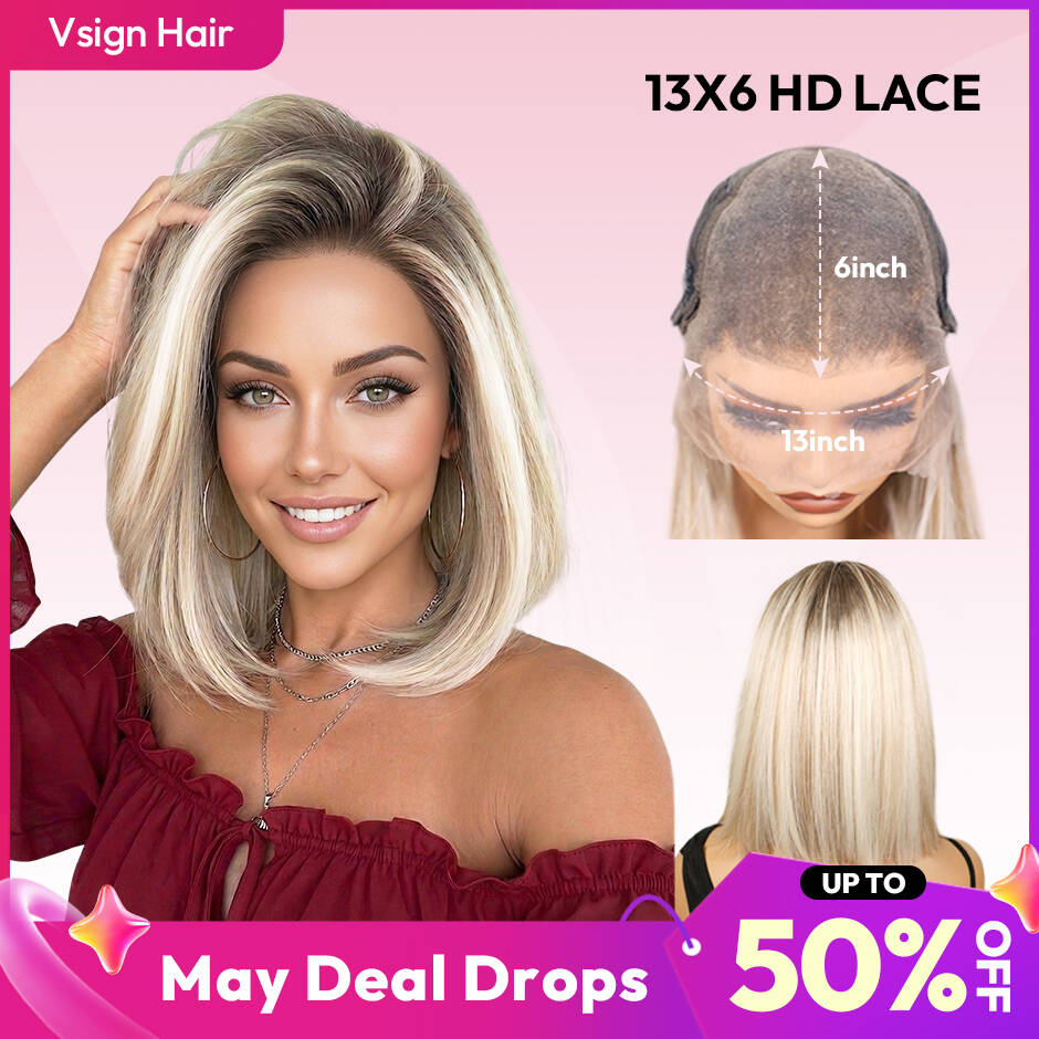 VSIGN Ombre Blonde 13x6 HD lace Front Wig Bob Style Synthetic Heat Resistant Fiber