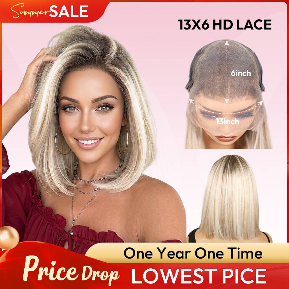 VSIGN Ombre Blonde 13x6 HD lace Front Wig Bob Style Synthetic Heat Resistant Fiber