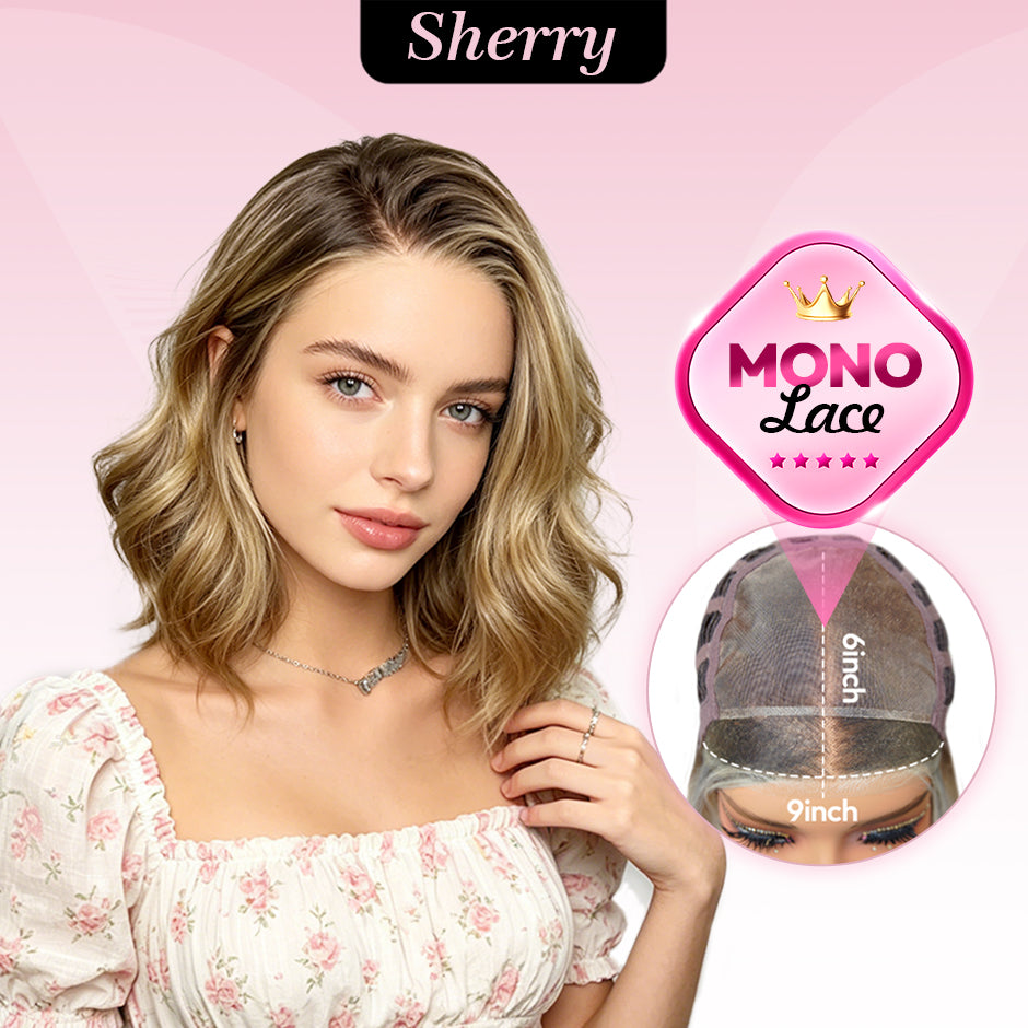 [Sherry] VSIGN Monofilament Handmade Wig Warm Caramel Bronde Short Wave  9×6 Full Mono Lace Hand Tied Bendy Ear Tabs Velcro Adjustment Air Cap Glueless Wig Synthetic Heat Resistant Fiber