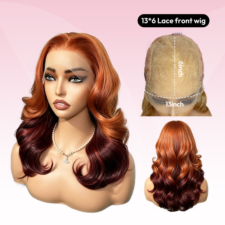 VSIGN Ginger Copper Burgundy Face Framing Layer Pre-cut 13x6 HD Lace Front Wig Heat Resistant Fiber Synthetic Wig
