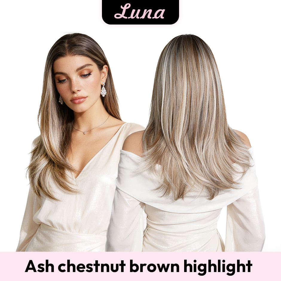 [Luna] VSIGN Ash Chestnut and Black Color Middle Length Wolf-tail Hairstyle 13*6 HD Front Wig Synthetic Heat Resistant Fiber