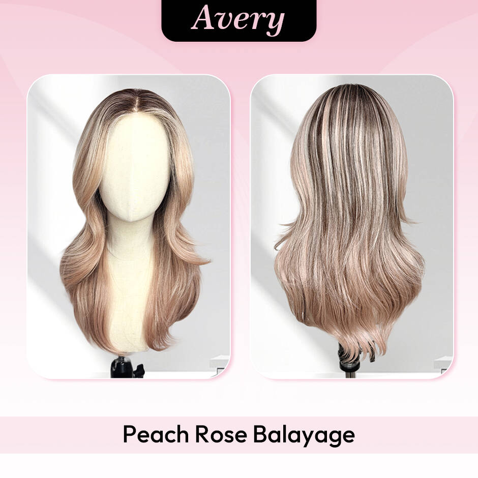 [Avery] VSIGN Apricot 13x6 HD Pre-cut Lace Peach Rose Balayage Ombre Pink Dark Root Glueless Wavy Lace Front Wig Futura Heat Resistant Synthetic
