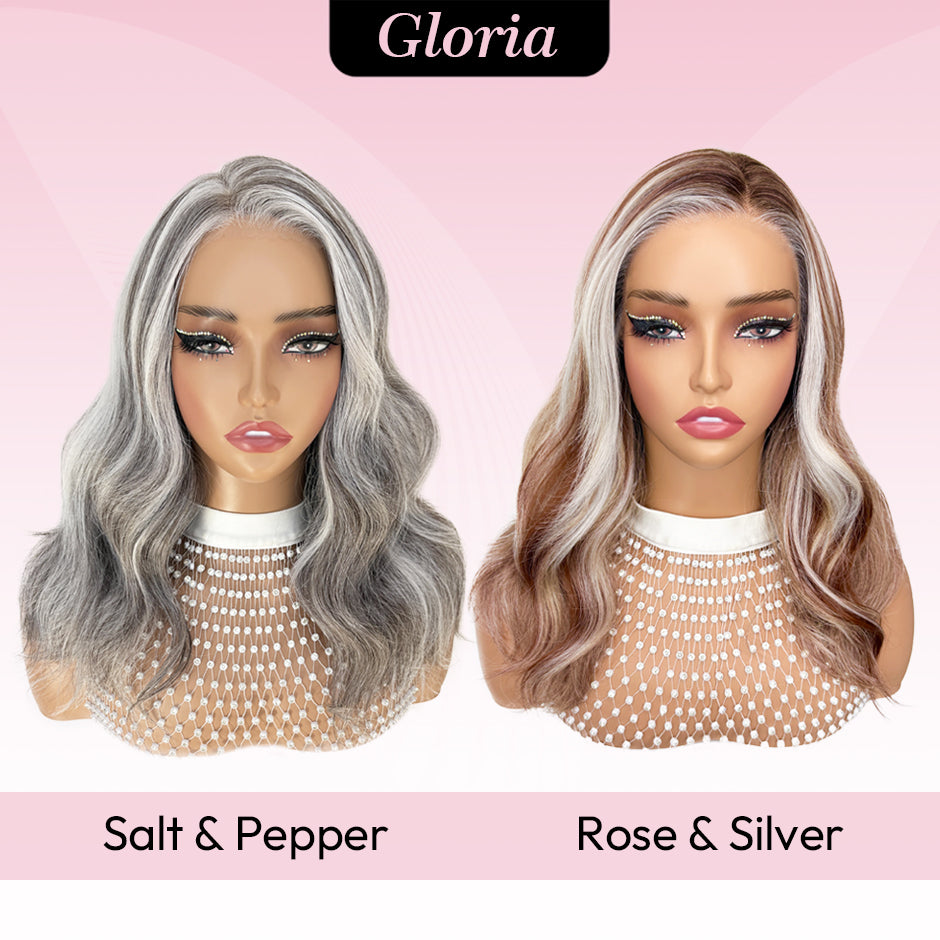 [Gloria] VSIGN 13*6 HD Lace Rose Gold & Silver Highlights 18inch Middle Length Wave Lace Front Wig Synthetic Heat Resistant Fiber