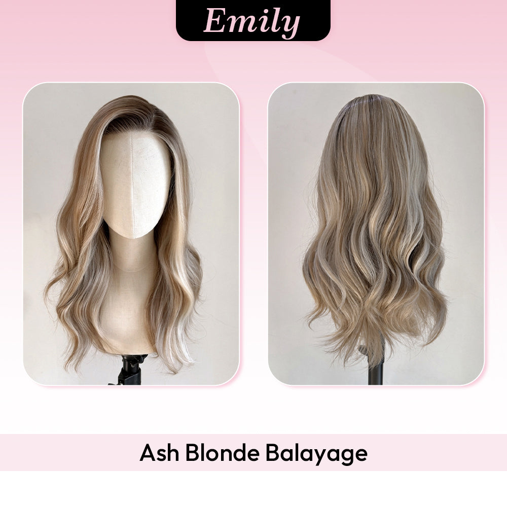[Emily]VSIGN 13x6 HD Pre-cut Lace Front Wig - Long Wavy Glueless Synthetic Fiber Ash Blonde Balayage with Dark Roots