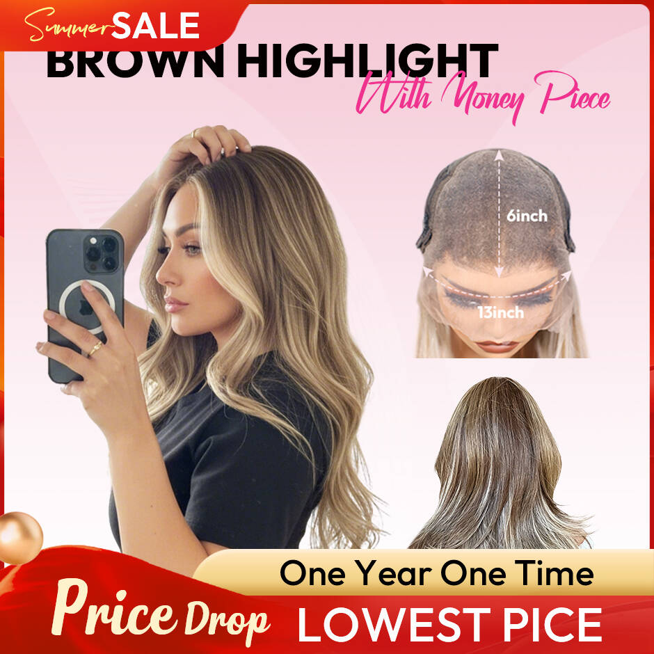 VSIGN Brown Highlight Wavy With Money Piece 13*6 HD Lace Front Wig Synthetic Heat Resistant Fiber