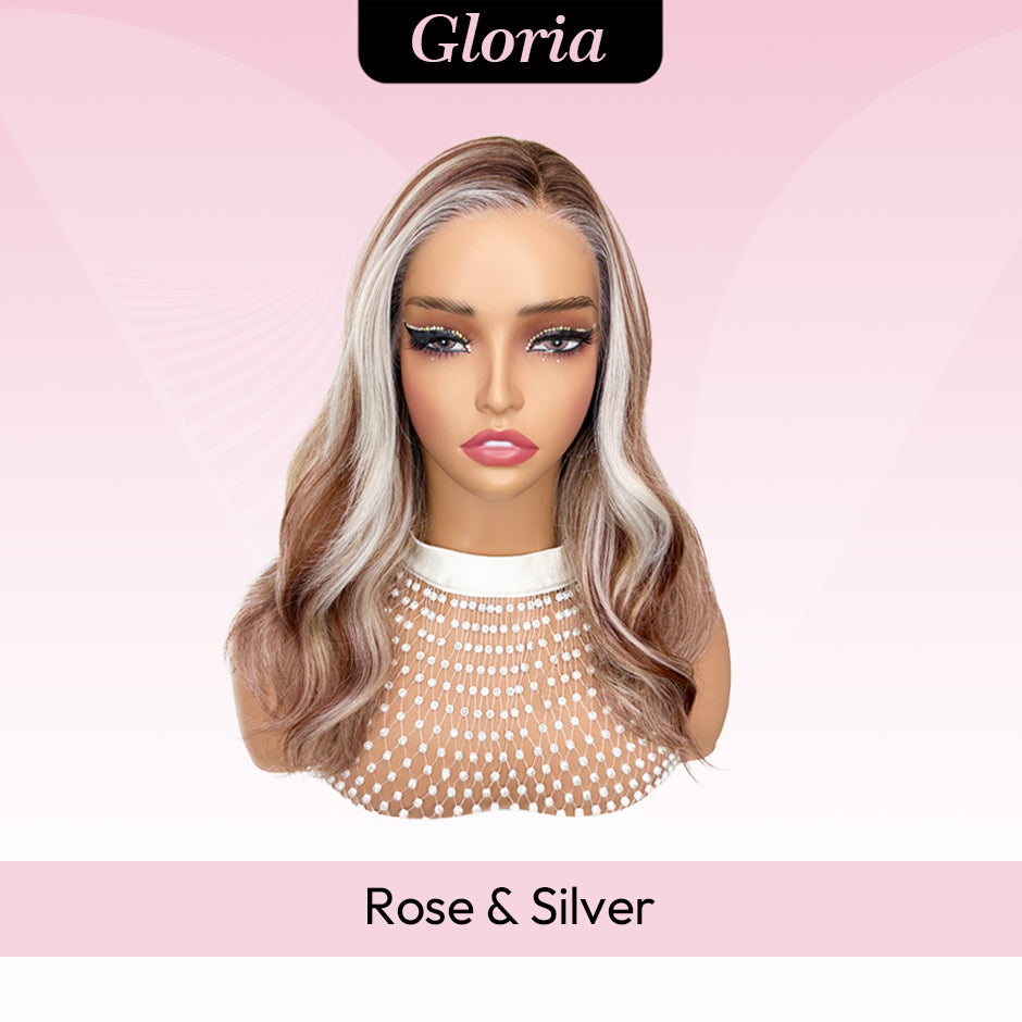 [Gloria] VSIGN 13*6 HD Lace Rose Gold & Silver Highlights 18inch Middle Length Wave Lace Front Wig Synthetic Heat Resistant Fiber
