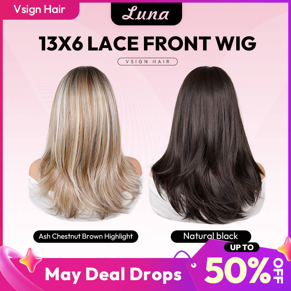 [Luna] VSIGN Ash Chestnut and Black Color Middle Length Wolf-tail Hairstyle 13*6 HD Front Wig Synthetic Heat Resistant Fiber