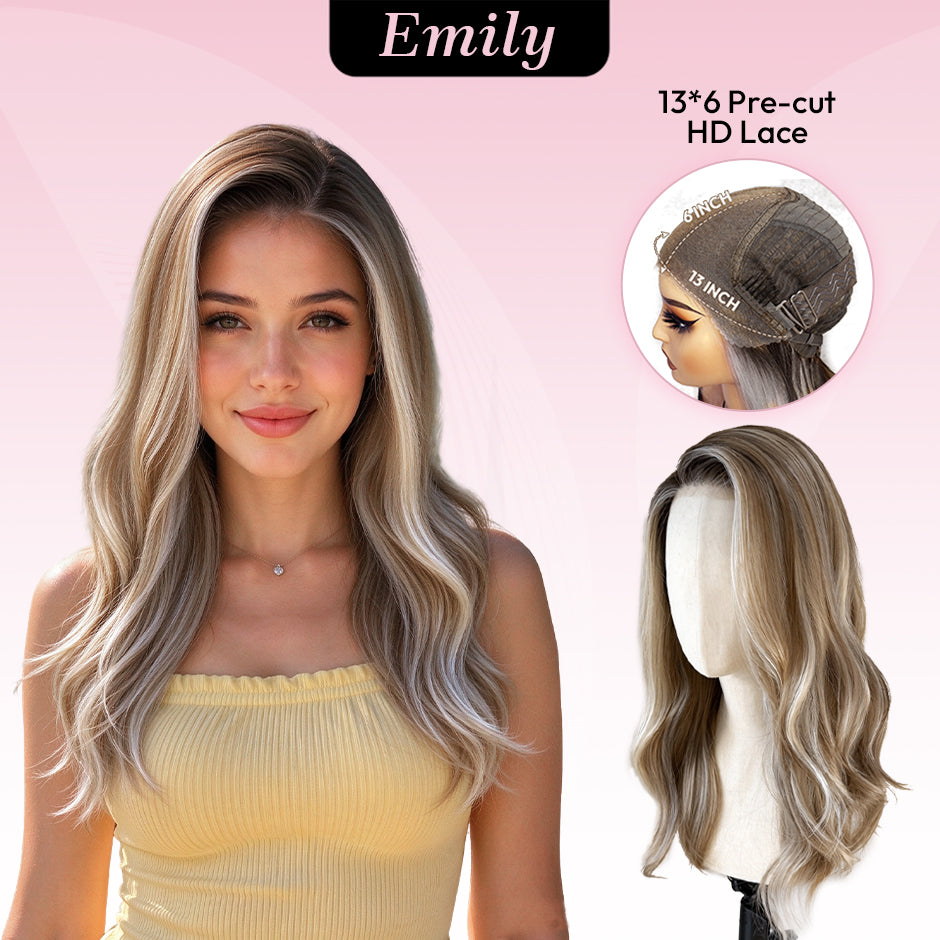 [Emily]VSIGN 13x6 HD Pre-cut Lace Front Wig - Long Wavy Glueless Synthetic Fiber Ash Blonde Balayage with Dark Roots