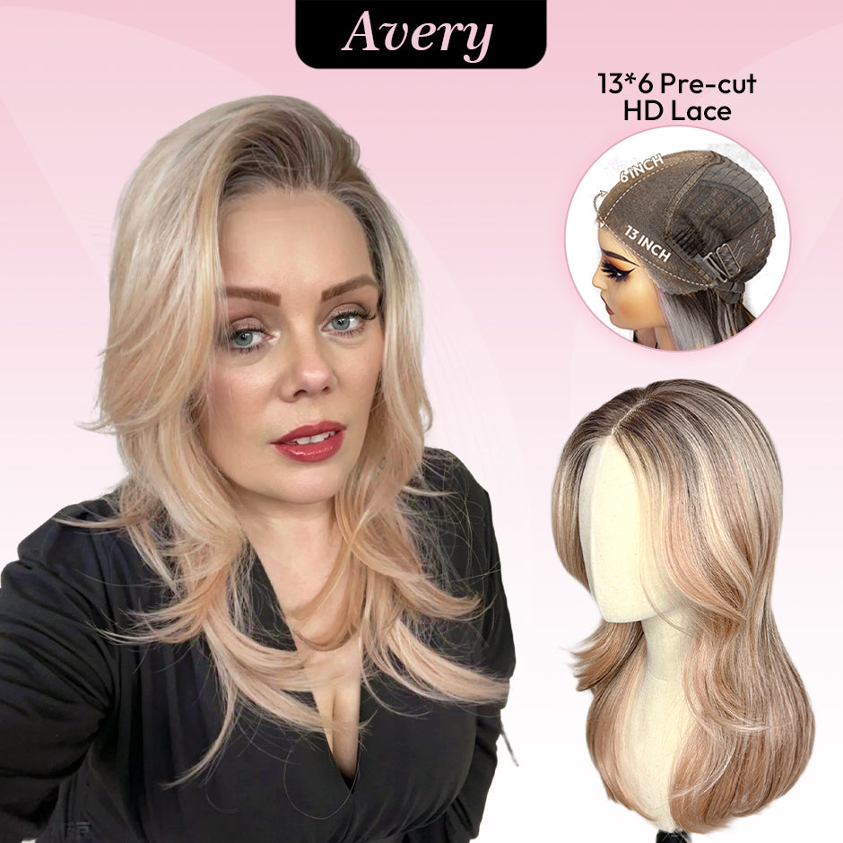 [Avery] VSIGN Apricot 13x6 HD Pre-cut Lace Peach Rose Balayage Ombre Pink Dark Root Glueless Wavy Lace Front Wig Futura Heat Resistant Synthetic