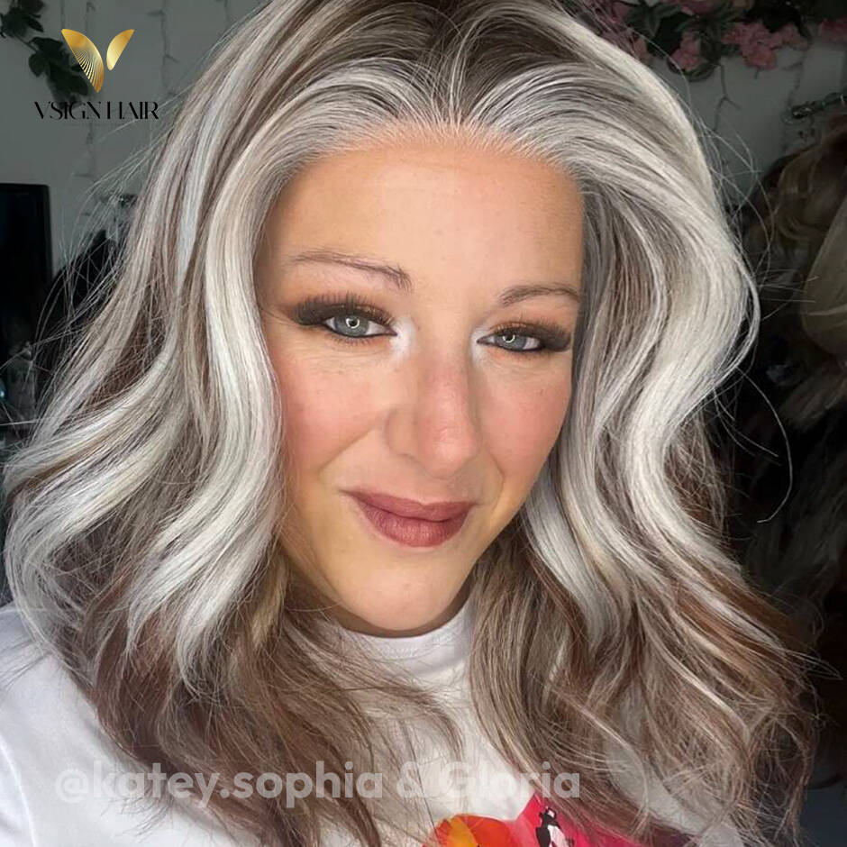 [Gloria] VSIGN 13*6 HD Lace Rose Gold & Silver Highlights 18inch Middle Length Wave Lace Front Wig Synthetic Heat Resistant Fiber