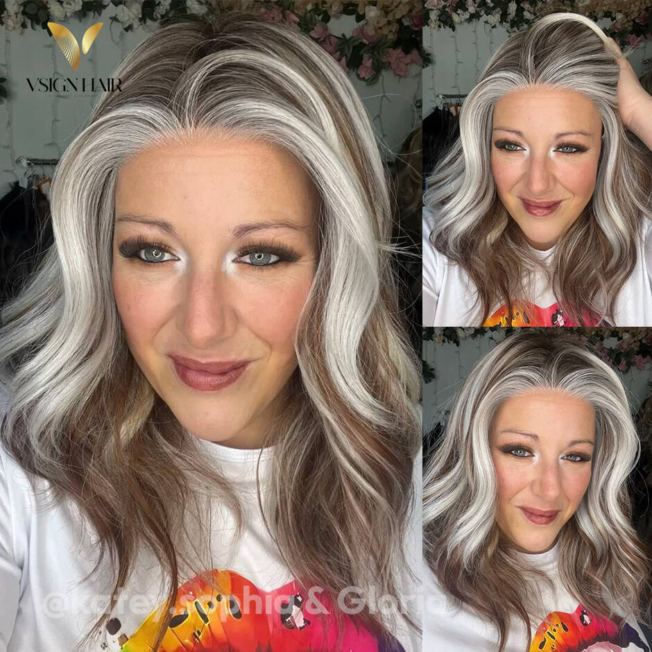 [Gloria] VSIGN 13*6 HD Lace Rose Gold & Silver Highlights 18inch Middle Length Wave Lace Front Wig Synthetic Heat Resistant Fiber