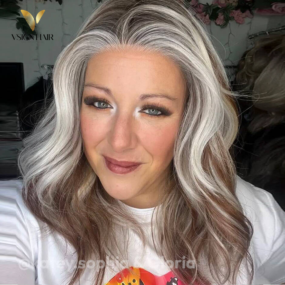 [Gloria] VSIGN 13*6 HD Lace Rose Gold & Silver Highlights 18inch Middle Length Wave Lace Front Wig Synthetic Heat Resistant Fiber