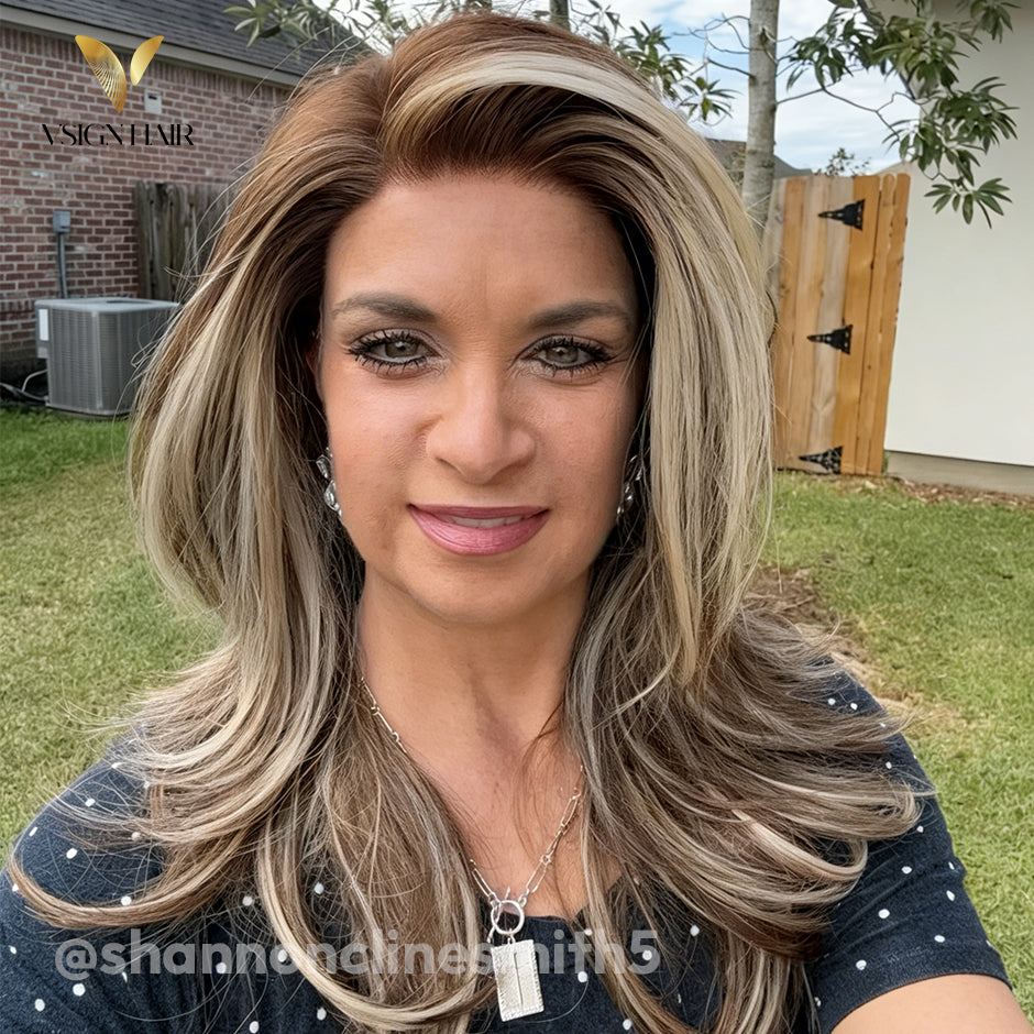 VSIGN Brown Highlight Wavy With Money Piece 13*6 HD Lace Front Wig Synthetic Heat Resistant Fiber
