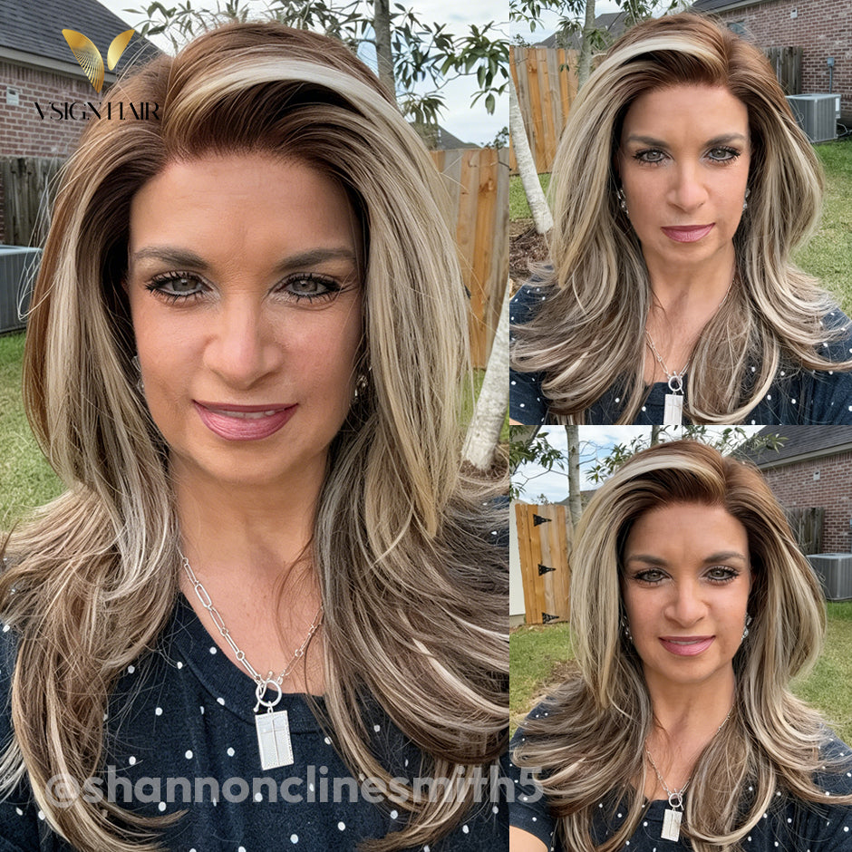 VSIGN Brown Highlight Wavy With Money Piece 13*6 HD Lace Front Wig Synthetic Heat Resistant Fiber