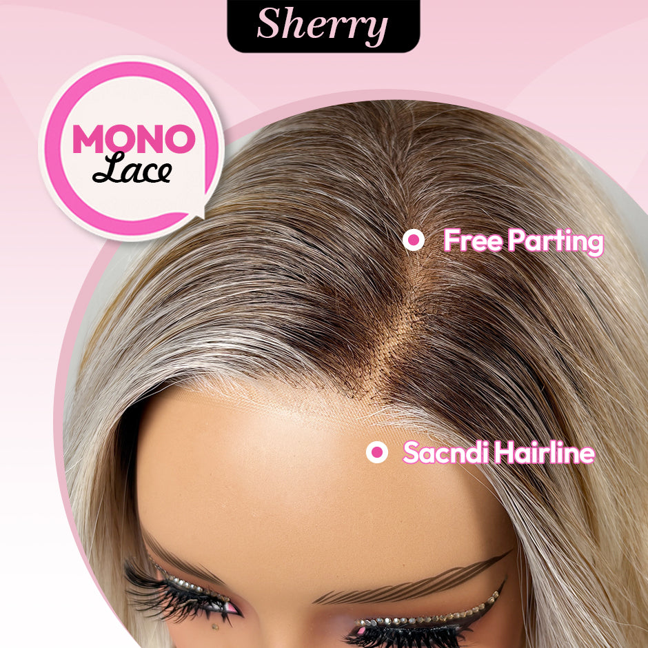 [Sherry] VSIGN Monofilament Handmade Wig Short Wave Ash Blonde Highlight 9×6 Mono Glueless Lace Front Wig  Synthetic Heat Resistant Fiber